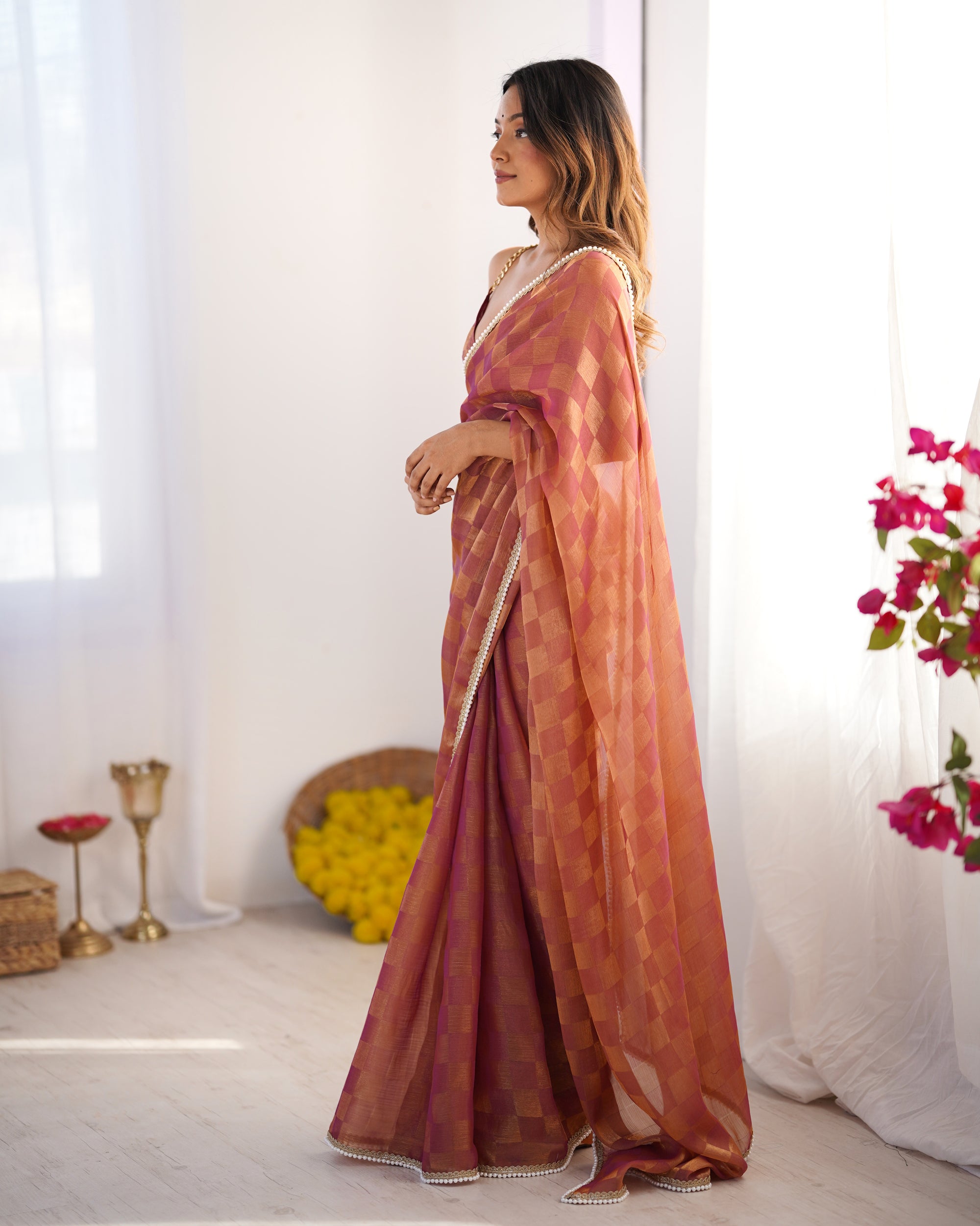 Autumn Rust NC Chiffon Chex Party Wear Saree | Wevon Chex Designer with Moti Lace Border