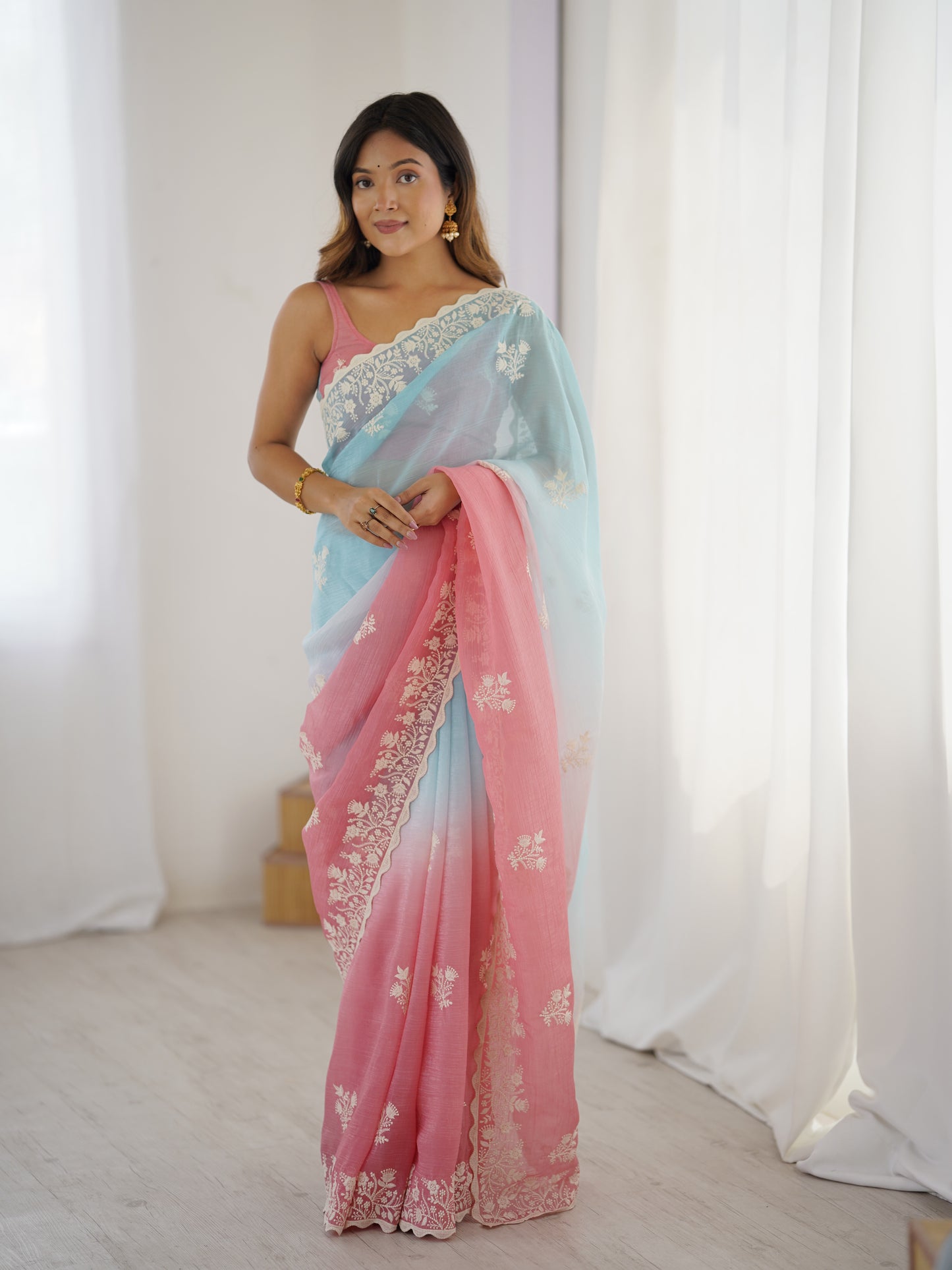 Autumn Rust Crunchy Silk Party Wear Saree | Dual-Shaded Warmth with Embroidered Coutur