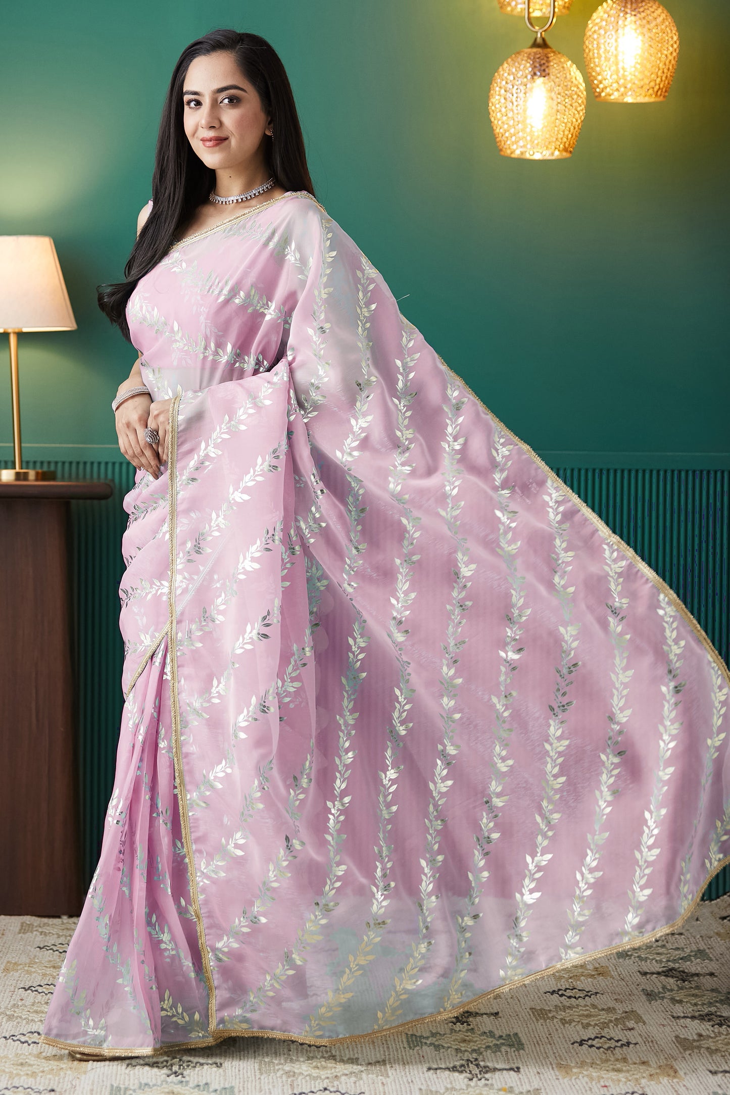 Soft Pink Organza Ready-to-Wear Saree | Solid Designer Foil Printed with Lace Border