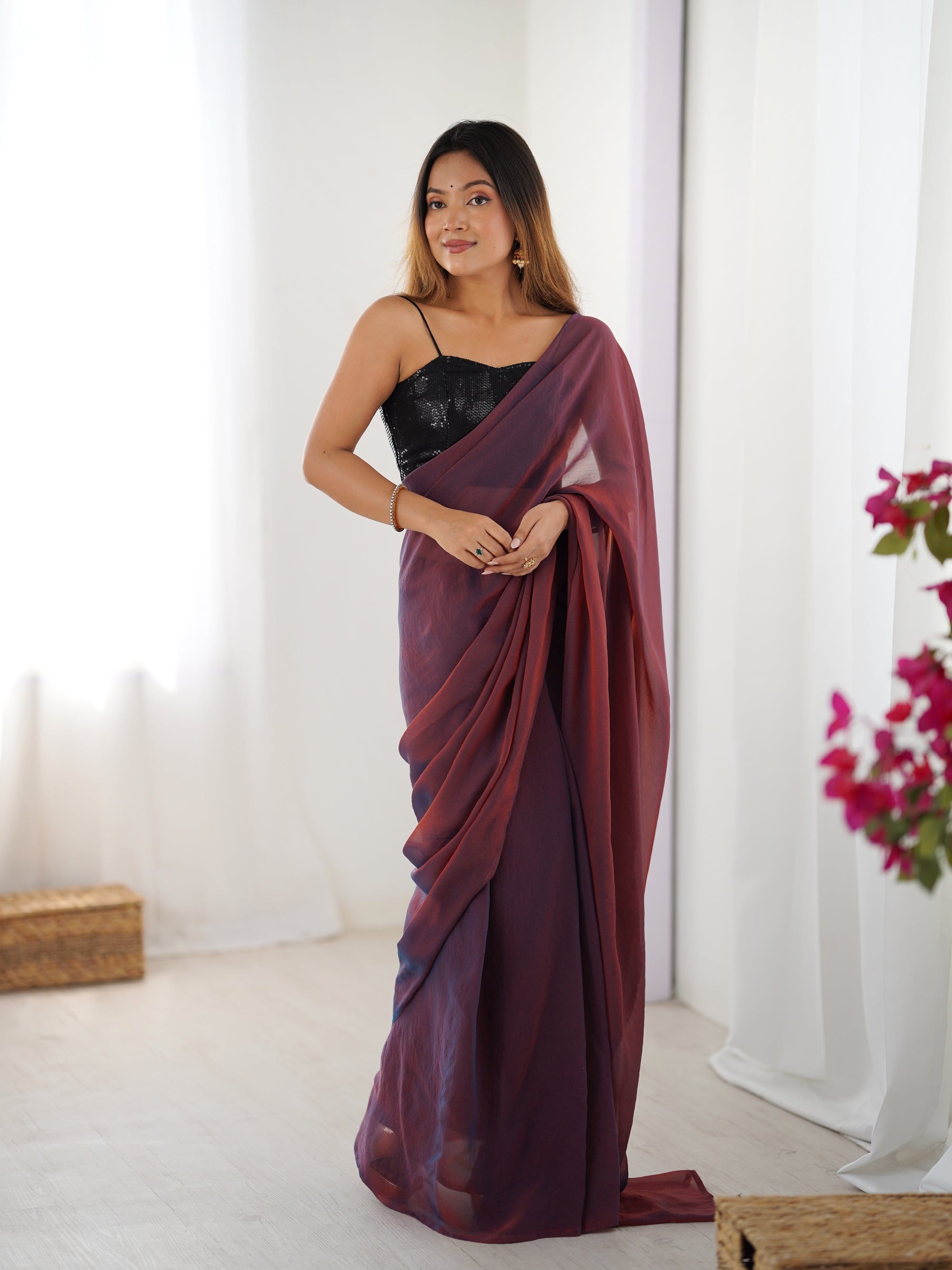 Autumn Brown Glassy Two Tone Party Wear Saree | Sequin Embroidered Georgette Blouse