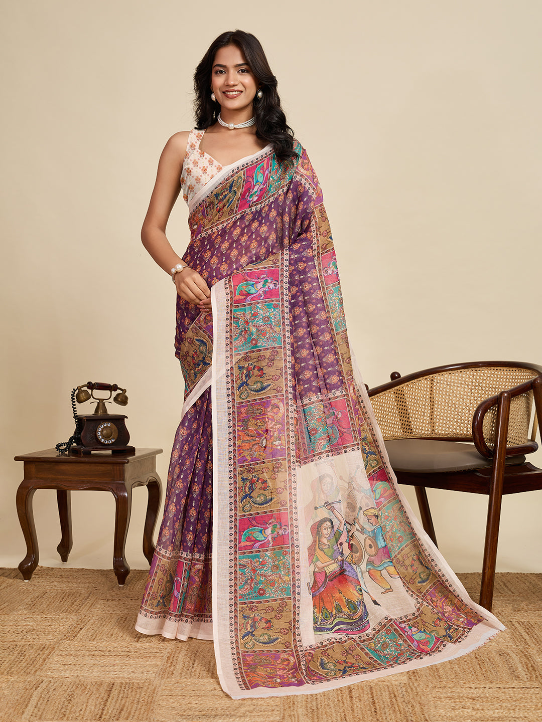 Royal Purple Linen Saree with Off White Blouse | Woven Border & Digital Printed Party Wear