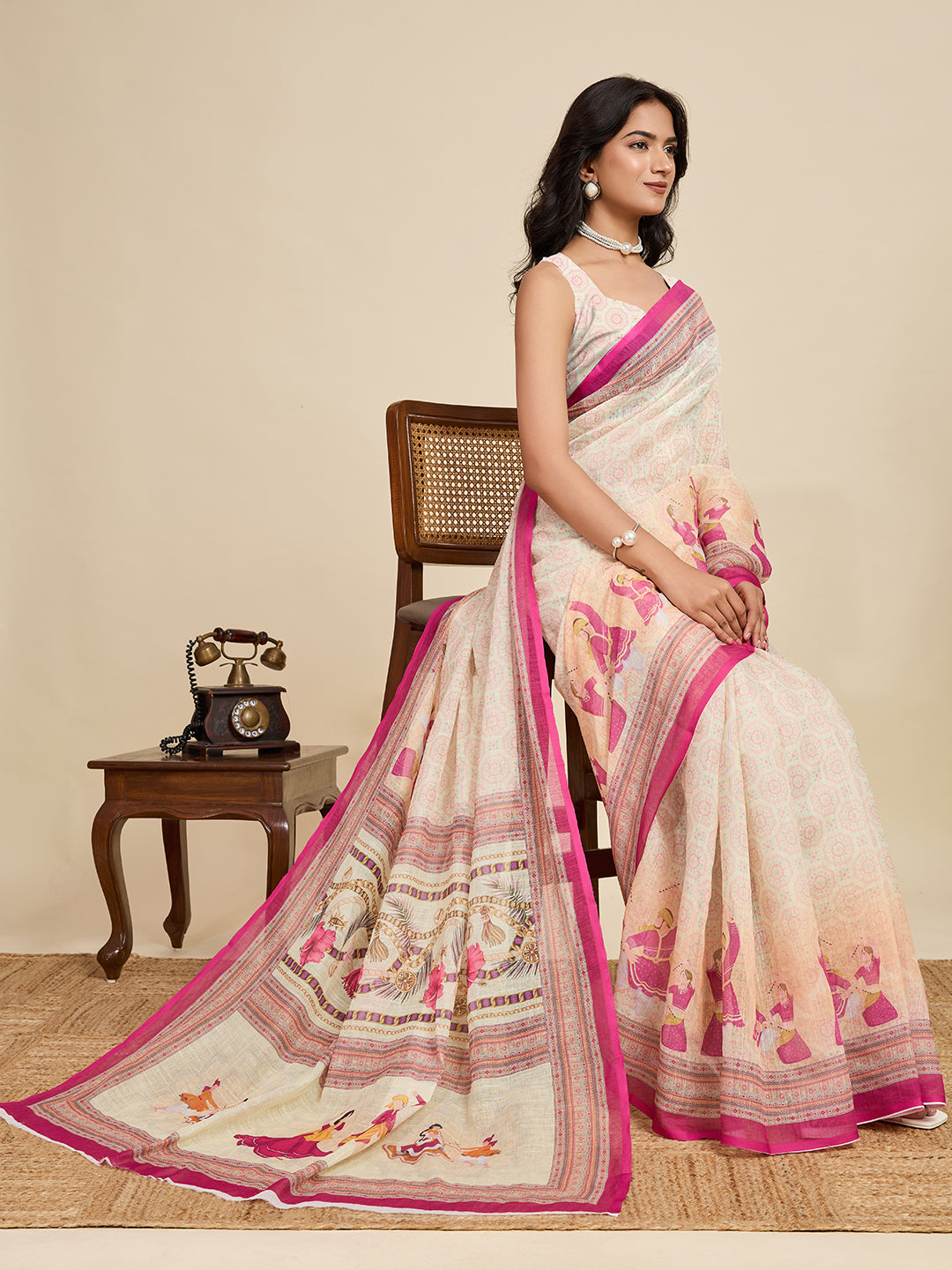 Timeless Cream Linen Saree | Woven Border & Digital Print Elegance