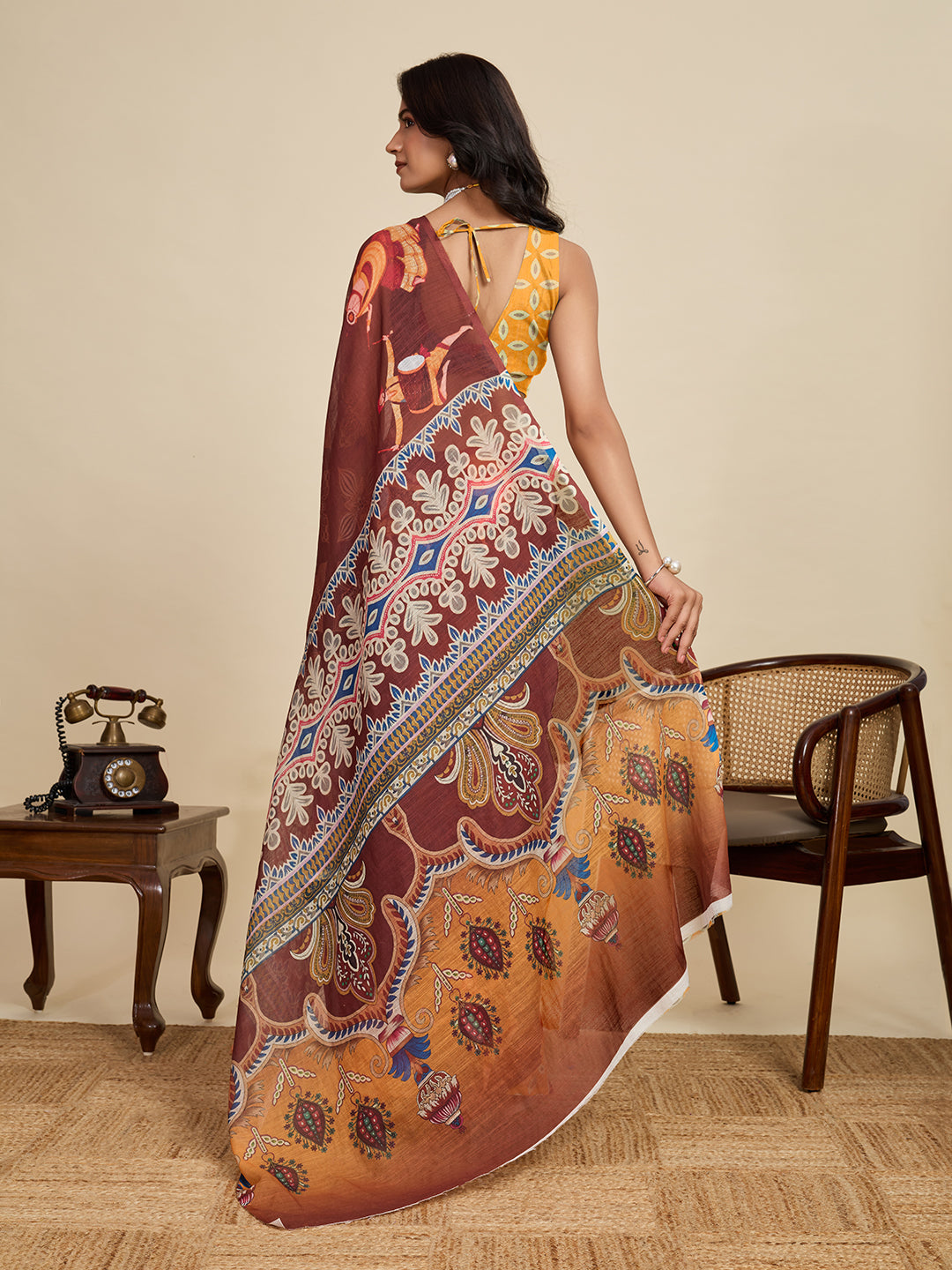 Earthy Brown Linen Saree with Mustard Blouse | Woven Border & Digital Printed Party Wear