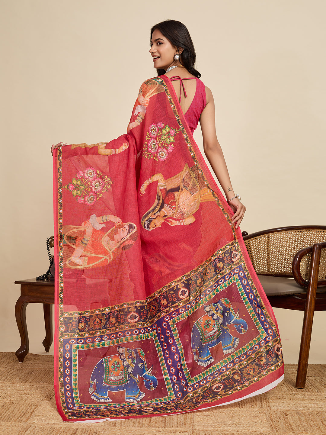 Regal Maroon Linen Saree | Digital Print with Woven Jari Border