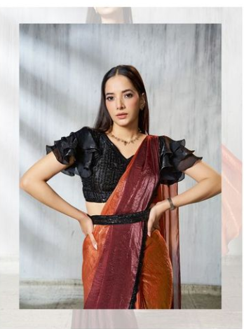 Autumn Rust Satin Silk Soirée Saree | Beads Embroidery with Black Organza Blouse