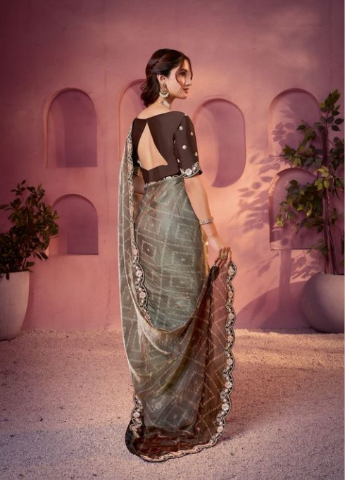 Copper brown Two Tone Satin Silk Saree | Bandhani Shaded Print with Embroidery, Sequin & Stone Work