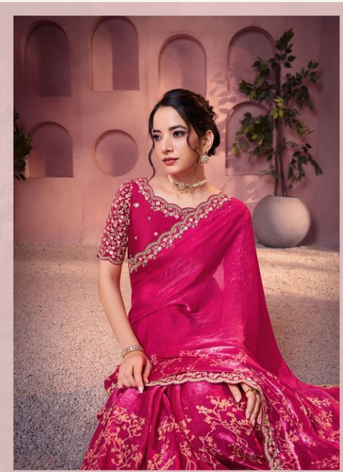 Rani Pink Two Tone Satin Silk Saree | Traditional Print with Embroidery, Sequin & Stone Work