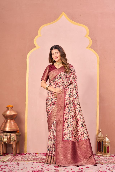 Autumn Rust Tussar Silk Jacquard Saree | Abstract Digital Print with Unstitched Blouse