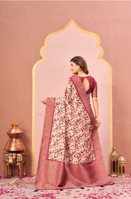 Autumn Rust Tussar Silk Jacquard Saree | Abstract Digital Print with Unstitched Blouse