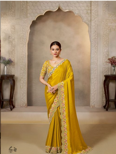 Sunshine Yellow Soft Satin Silk Saree | Sequence Embroidery with Multi Stone Handwork