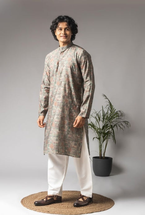 Ash Green Modal Silk Weaved Kurta with Payjama | Intricate Handwoven Motifs for Mehandi