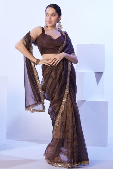 Earthy Brown C/H Net Saree | Solid Designer Lace Party Wear Ensemble