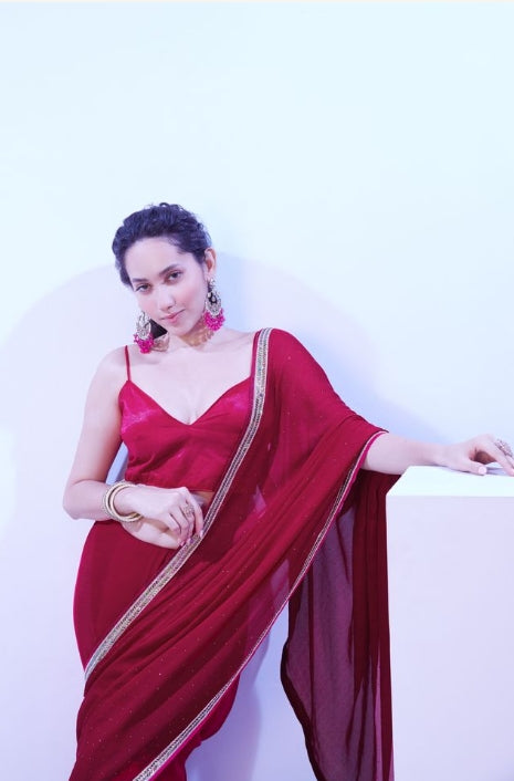 Elegant Pink Satin Moss Saree | Solid Designer Lace Party Wear Ensemble