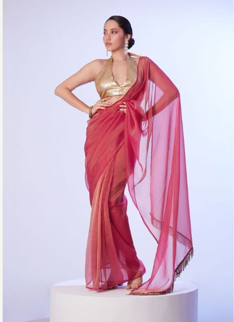 Autumn Rust Satin Gold Organza Saree | Regal Gold Art Silk Blouse with Lace Embellishments