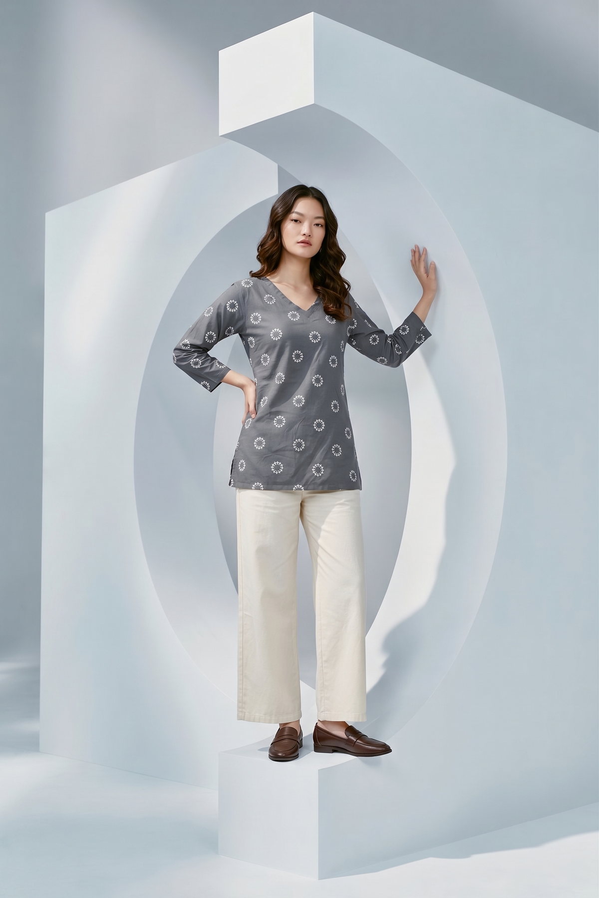 Sophisticated Grey Cotton Printed Short Tunic Kurta | Ready-to-Wear Comfort