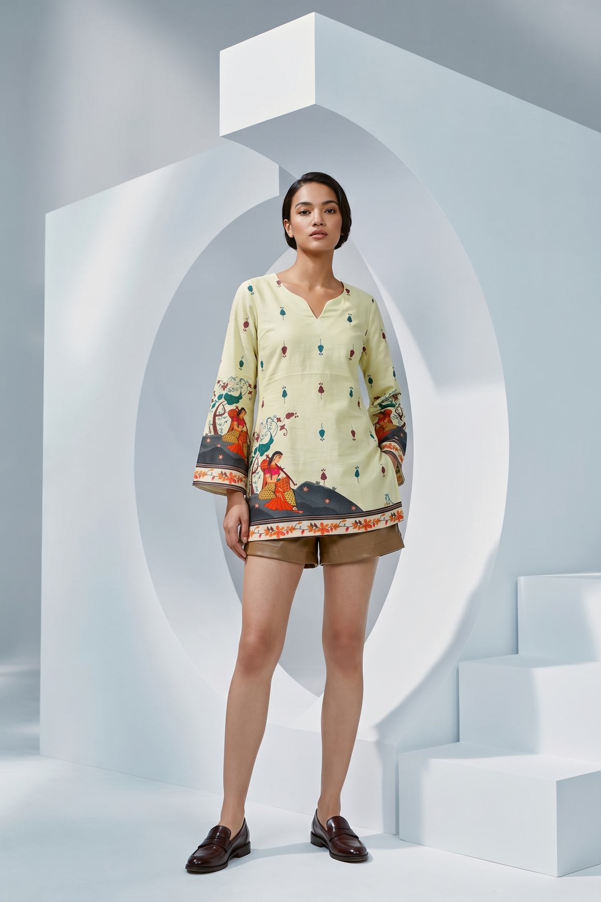 Elegant Cream Cotton Kalamkari Printed Short Tunic Kurta | Ready-to-Wear Comfort