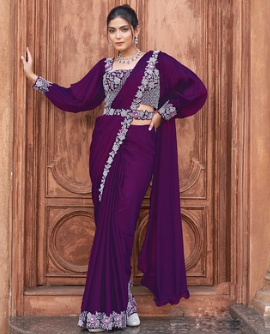 Purple Crepe Satin Silk Saree | Hand-Embroidered Pearl Work Couture