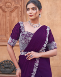 Purple Crepe Satin Silk Saree | Hand-Embroidered Pearl Work Couture
