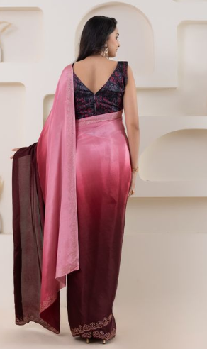 Feminine Pink Satin Ready To Wear Saree | Pedding Designer with Swarovski Border Couture