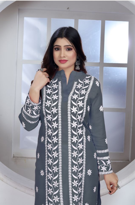 Grey Heavy Rayon Suit | Chikankari Embroidered Ensemble