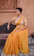 Mustard Crepe Satin Silk Saree | Hand-Embroidered Pearl Work Couture