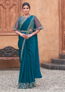 Teal Blue Crepe Satin Silk Saree | Hand-Embroidered Dual Sequin Work Couture