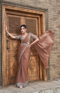 Brown Two Tone Satin Silk Saree | Hand-Embroidered Dual Sequin & Pearl Work Couture