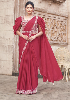 Gajari Two Tone Satin Silk Saree | Hand-Embroidered Dual Sequin Work Couture