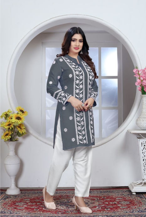 Grey Heavy Rayon Suit | Chikankari Embroidered Ensemble