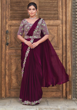 Wine Two Tone Satin Silk Saree | Hand-Embroidered Dual Sequin & Pearl Work Couture