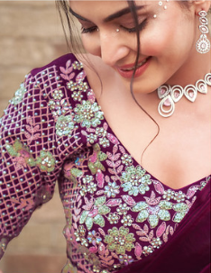 Wine Two Tone Satin Silk Saree | Hand-Embroidered Dual Sequin & Pearl Work Couture