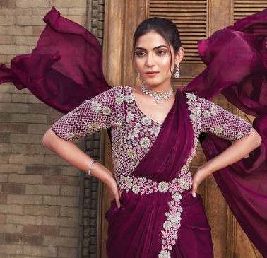 Wine Two Tone Satin Silk Saree | Hand-Embroidered Dual Sequin & Pearl Work Couture