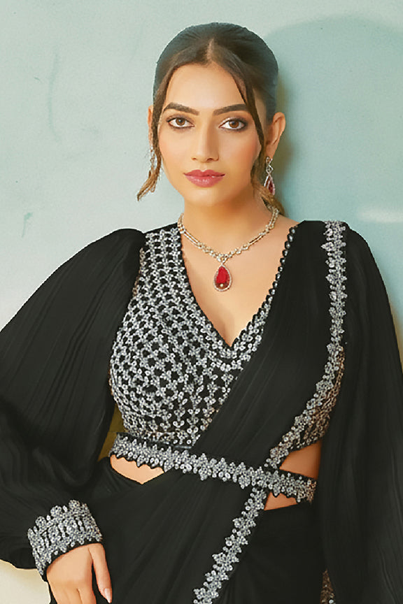 Black Satin Silk Saree | Silver Sequin, Embroidery & Stone Pearl Handwork with Waist Belt