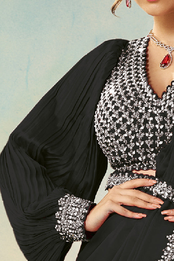 Black Satin Silk Saree | Silver Sequin, Embroidery & Stone Pearl Handwork with Waist Belt