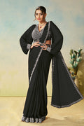 Black Satin Silk Saree | Silver Sequin, Embroidery & Stone Pearl Handwork with Waist Belt