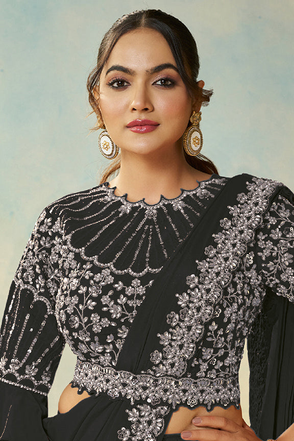 Black Natural Satin Silk Saree | Dual Sequin, Embroidery & Silver Stone Handwork with Waist Belt