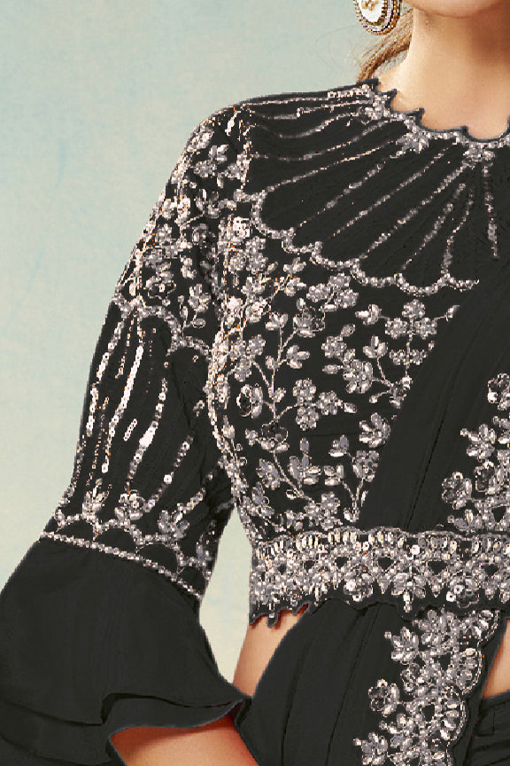 Black Natural Satin Silk Saree | Dual Sequin, Embroidery & Silver Stone Handwork with Waist Belt