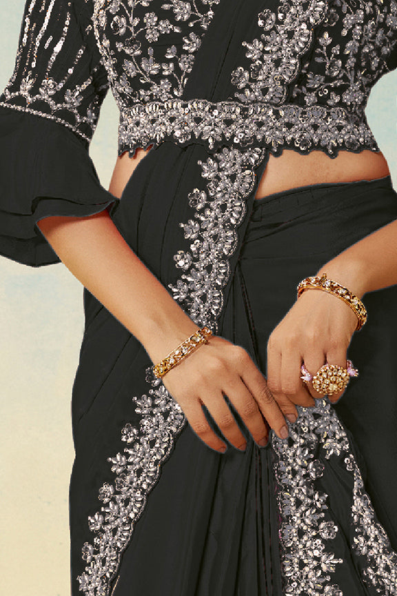 Black Natural Satin Silk Saree | Dual Sequin, Embroidery & Silver Stone Handwork with Waist Belt