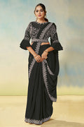 Black Natural Satin Silk Saree | Dual Sequin, Embroidery & Silver Stone Handwork with Waist Belt