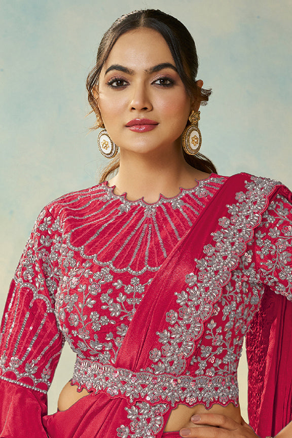 Cherry Natural Satin Silk Saree | Dual Sequin, Embroidery & Silver Stone Handwork with Waist Belt
