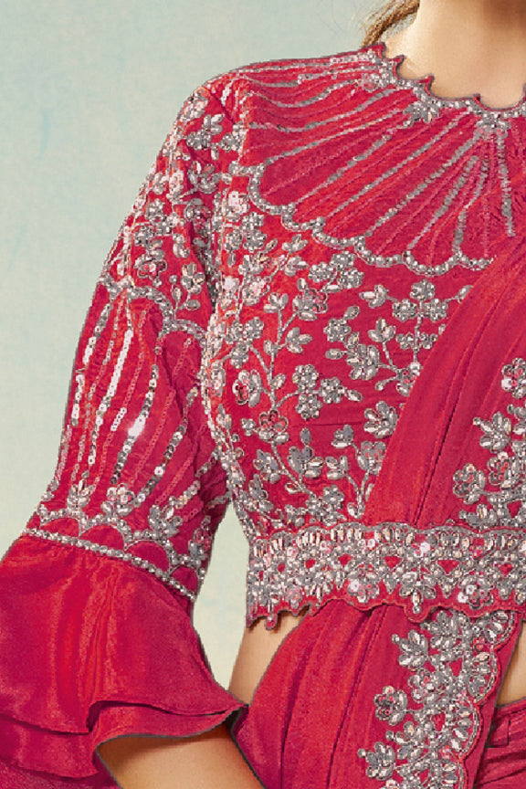 Cherry Natural Satin Silk Saree | Dual Sequin, Embroidery & Silver Stone Handwork with Waist Belt