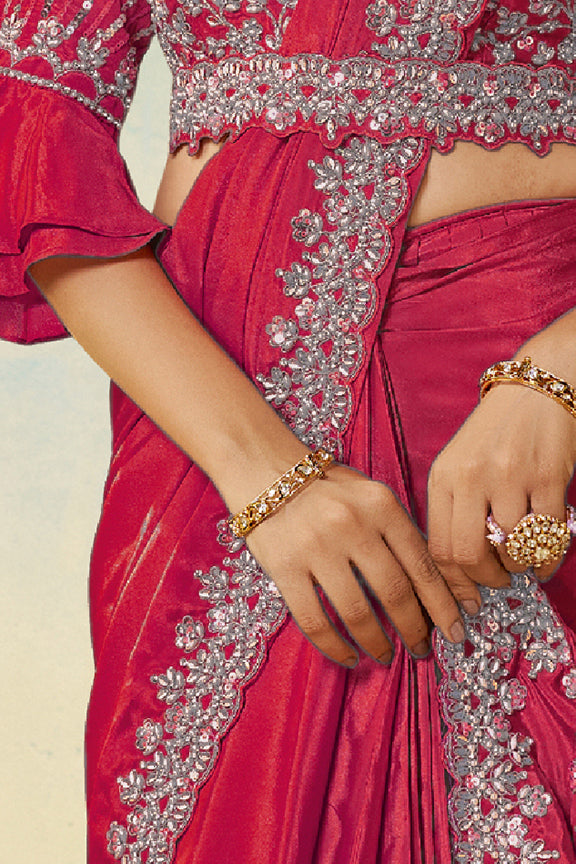 Cherry Natural Satin Silk Saree | Dual Sequin, Embroidery & Silver Stone Handwork with Waist Belt