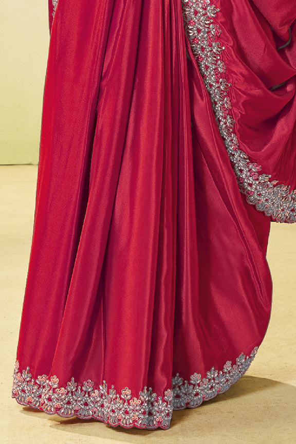 Cherry Natural Satin Silk Saree | Dual Sequin, Embroidery & Silver Stone Handwork with Waist Belt