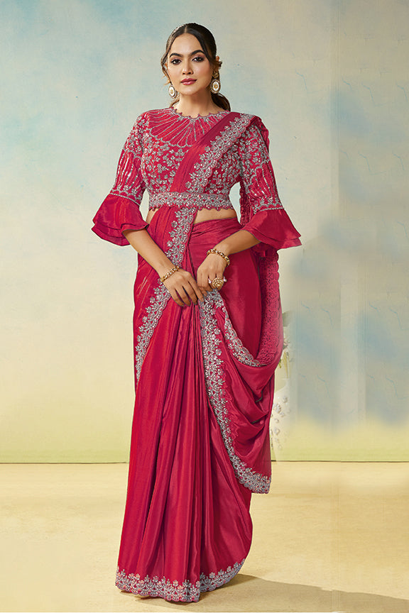 Cherry Natural Satin Silk Saree | Dual Sequin, Embroidery & Silver Stone Handwork with Waist Belt