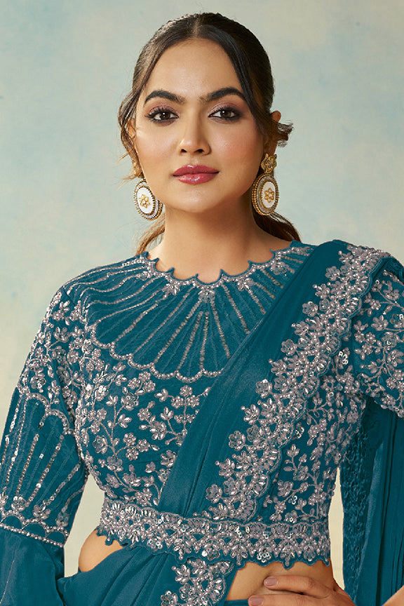 Teal Blue Natural Satin Silk Saree | Dual Sequin, Embroidery & Silver Stone Handwork with Waist Belt