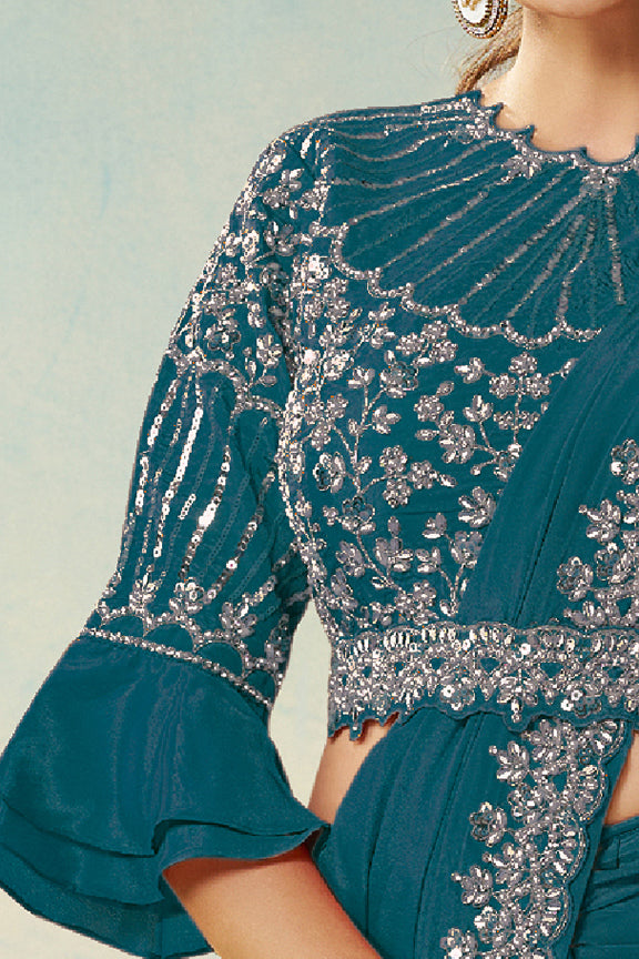 Teal Blue Natural Satin Silk Saree | Dual Sequin, Embroidery & Silver Stone Handwork with Waist Belt