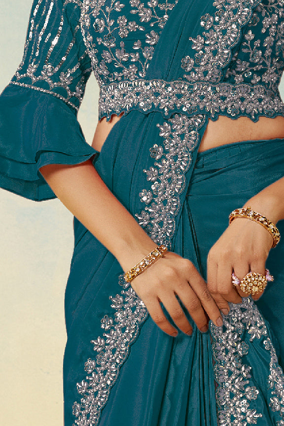 Teal Blue Natural Satin Silk Saree | Dual Sequin, Embroidery & Silver Stone Handwork with Waist Belt