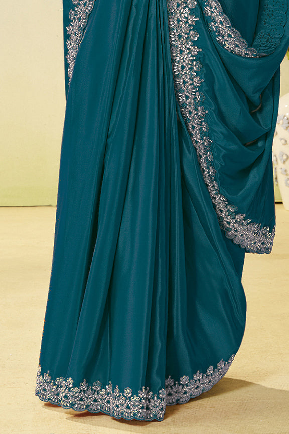 Teal Blue Natural Satin Silk Saree | Dual Sequin, Embroidery & Silver Stone Handwork with Waist Belt