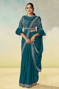 Teal Blue Natural Satin Silk Saree | Dual Sequin, Embroidery & Silver Stone Handwork with Waist Belt