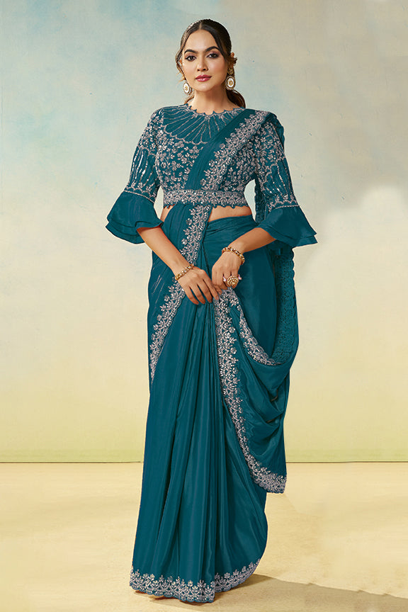 Teal Blue Natural Satin Silk Saree | Dual Sequin, Embroidery & Silver Stone Handwork with Waist Belt